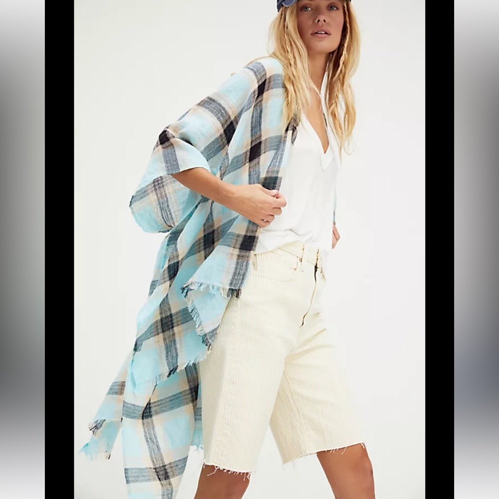 Free People Blossom Western Plaid Linen Fringe Kimono
